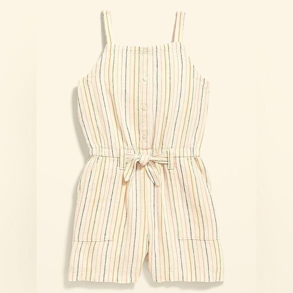Old Navy linen Tie-Front striped Utility Romper jumpsuit shorts beach L 10/12 - Picture 1 of 13